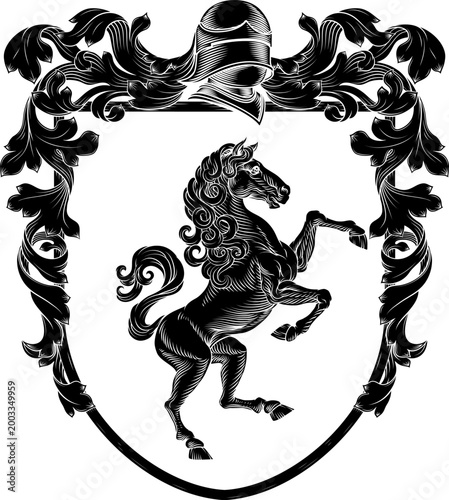 A horse coat of arms or crest family heraldry medieval heraldic knight shield with helmet and acanthus filigree scroll ornament in a vintage woodcut style.
