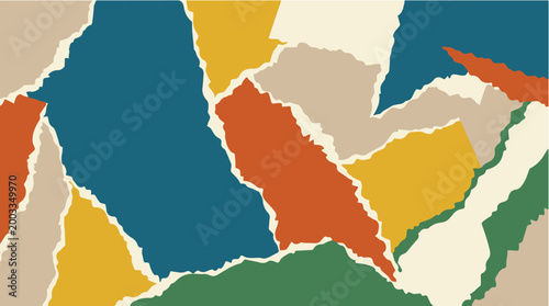 Abstract collage background with irregular torn paper shapes in earthy and muted tones, forming a dynamic textured composition.