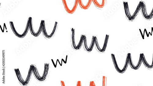 A playful seamless pattern composed of charming black and orange wavy brush strokes, scattered across a crisp white background, offering a modern and artistic design.