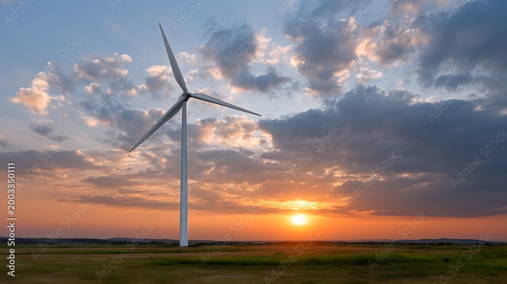 Obraz premium A modern wind turbine stands in a vast grassy field at sunset silhouetted against dramatically cloudy skies