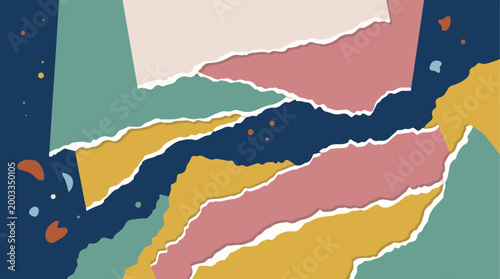 Abstract composition of torn paper layers in various colors, creating a textured collage-style background with dynamic shapes.