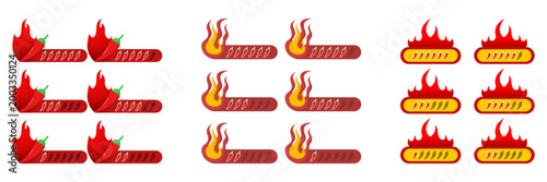 Chili pepper spiciness scale illustration set with mild, medium, hot, and very hot levels. Visual heat indicators for food menus, cooking themes, and spice rating designs.