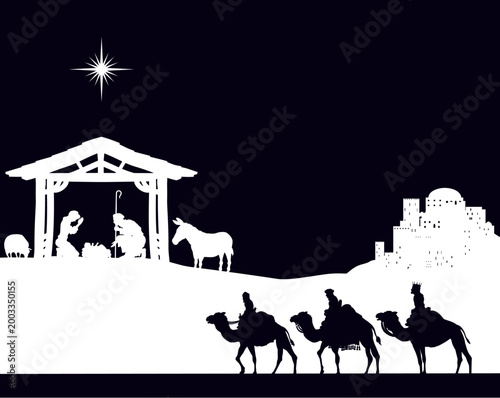 A Christmas nativity scene with baby Jesus in the manger, wise men and city of Bethlehem in the background