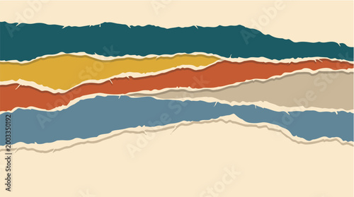 Abstract layered background with horizontal torn paper strips in earthy tones, creating a textured and modern collage design.