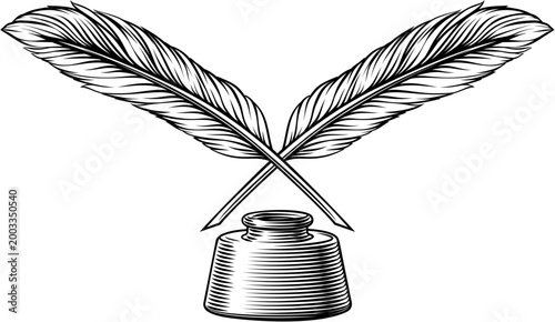 Crossed ink pen feather quills and inkwell illustration in a vintage woodcut engraved etching style. Notary, academic, archival and scholarly or writing or poetry symbol.