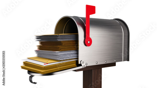 Fotografie Isolated traditional American mailbox overflowing with stacks of letters and bro