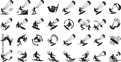 Kitesurfing Jump and Aerial Action Icons - Kiteboarding Freestyle Silhouette.