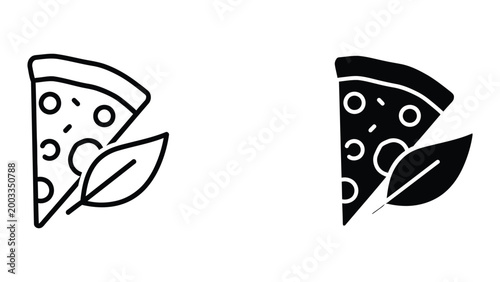 Black and white pizza slice icon with leaf
