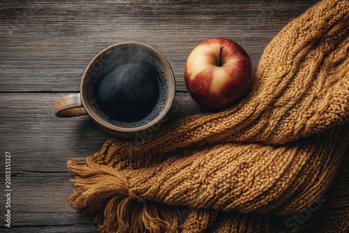 Coffee, Apple, and Scarf on Rustic Wooden Table. Cozy Autumn Scene.
