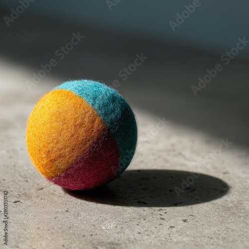 Colorful Felted Ball with Distinct Shadow on Textured Surface