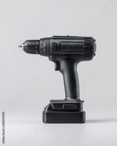 Cordless Drill Isolated: Black Power Tool on White Background, Studio Shot