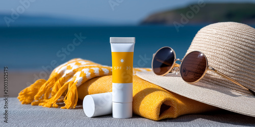 Sunscreen tube with spf 30 on beach towel with hat and sunglasses by sea representing summer vacation sun protection and skincare