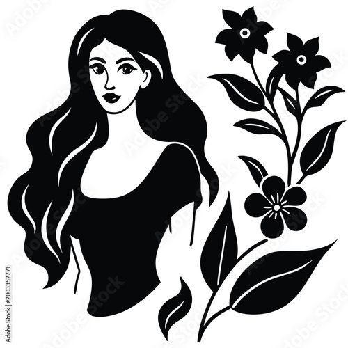 Woman face with long hair vector graphic illustration black and white silhouette for logo