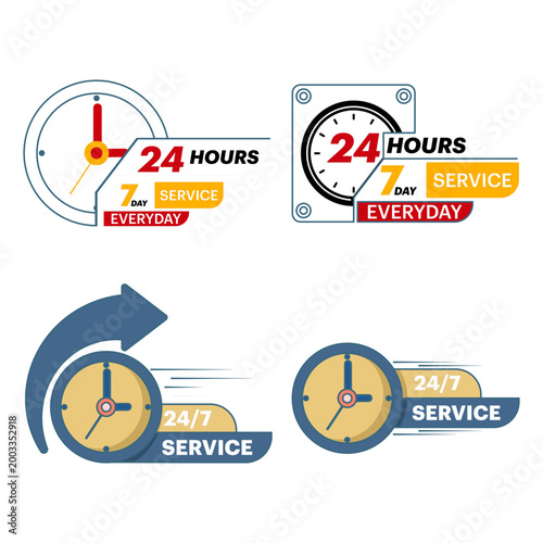 24 7 hours service icon illustration set in flat vector design. Concept of all day business service, quick response time, availability, and customer support with isolated background.