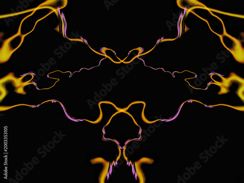 Vibrant abstract symmetrical composition featuring fluid golden and purple light trails on a dark black background. Modern digital art with dynamic curves and artistic energy.