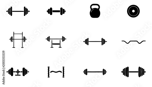 Gym Equipment Icons Vector Set – Barbell, Dumbbell, Kettlebell Silhouettes, Fitness Workout Icon Pack, Weightlifting Symbols