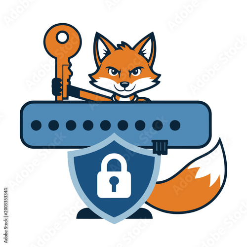 Cybersecurity Fox Mascot Holding Key Over Password Field Illustration