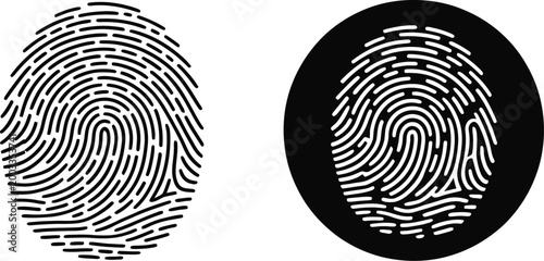 Fingerprint icon set, minimalist fingerprint scanning vector icons representing identity verification biometric security and access control on clean white background.