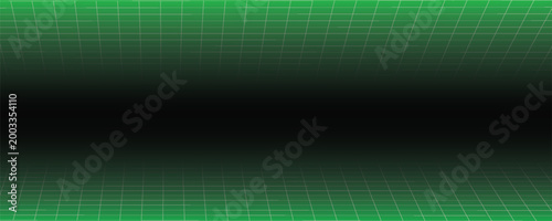 Green glow neon wireframe background. Dark green shining checkered grid floor plane in perspective. Retro futuristic horizon wallpaper. Arcade game sci fi matrix landscape surface. Vector backdrop
