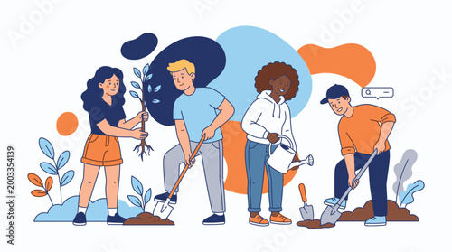 Four Young Adults Engaged in Planting Trees and Gardening Together in a Vibrant Community Setting