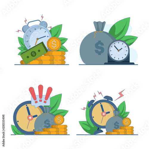 Payment deadline and money time illustration set with alarm clock and cash symbols. Represents payday, salary, financial reminder, fast income, and transaction timing in vector style.