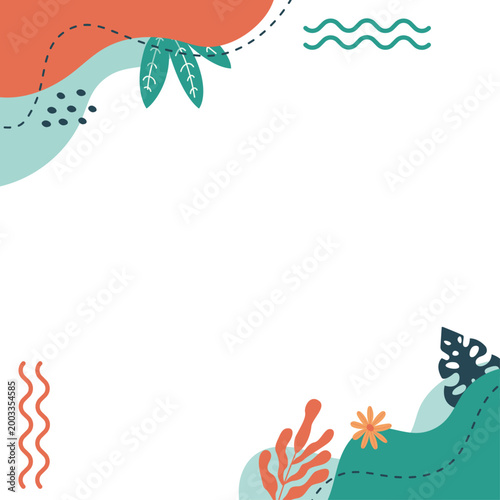 Fond estival tropical avec feuilles stylisées, formes organiques et espace texte. Design moderne idéal pour visuels marketing, réseaux sociaux et affiches.