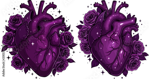 Purple heart tattoos, anatomical hearts, rose illustrations, dark romantic graphics, vector icons