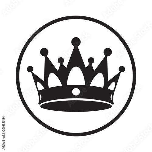 A black and white circular emblem featuring a regal crown illustration
