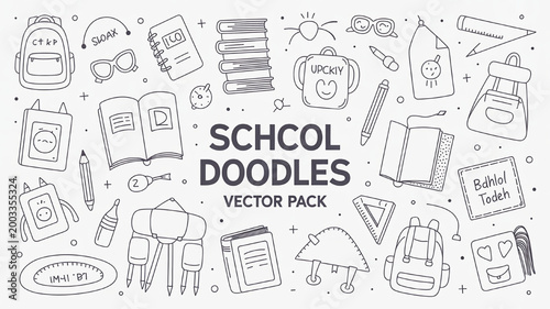 School doodles vector pack hand-drawn illustrations of backpacks books and stationery for educational design isolated on white background