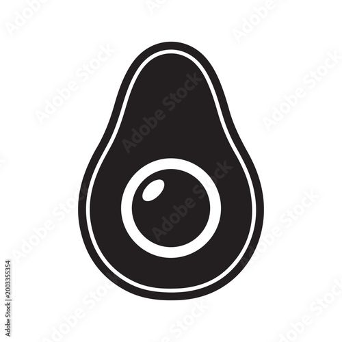 Simple black and white illustration of a halved avocado with a pit