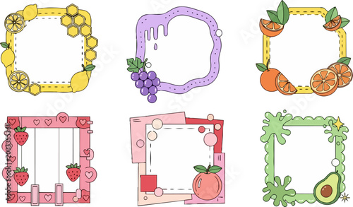 Fruit frame borders, colorful illustration set, photo frames, decorative elements