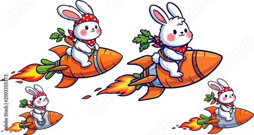 Cute cartoon rabbits, rocket ships, orange spacecraft, white background, vector illustrations