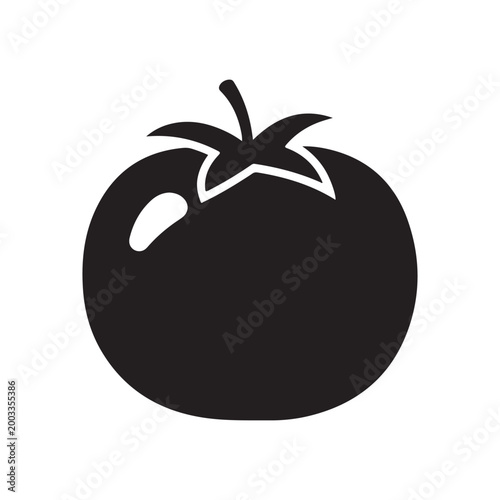 A simple black silhouette icon of a fresh tomato vegetable isolated on a plain white background