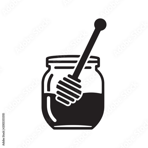 A simple black and white vector icon illustration of honey jar with a wooden dipper inside