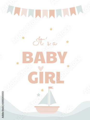 A delicate vertical banner celebrating the birth of a baby girl, featuring a garland, a cute little boat, stars, and a heart