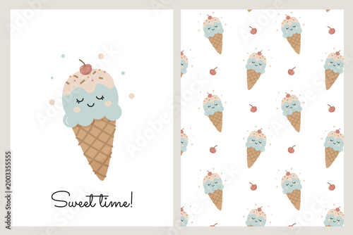 A set featuring a postcard and a pattern with cute ice cream