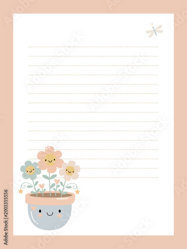 Page template for a notebook or journal featuring a cute flower pot with flowers and a little butterfly