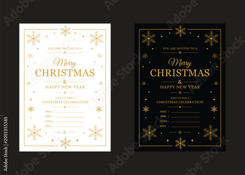 Luxury Merry Christmas Invitation Card Template Set, Elegant Gold Snowflake Holiday Party Invite, Black and White Design