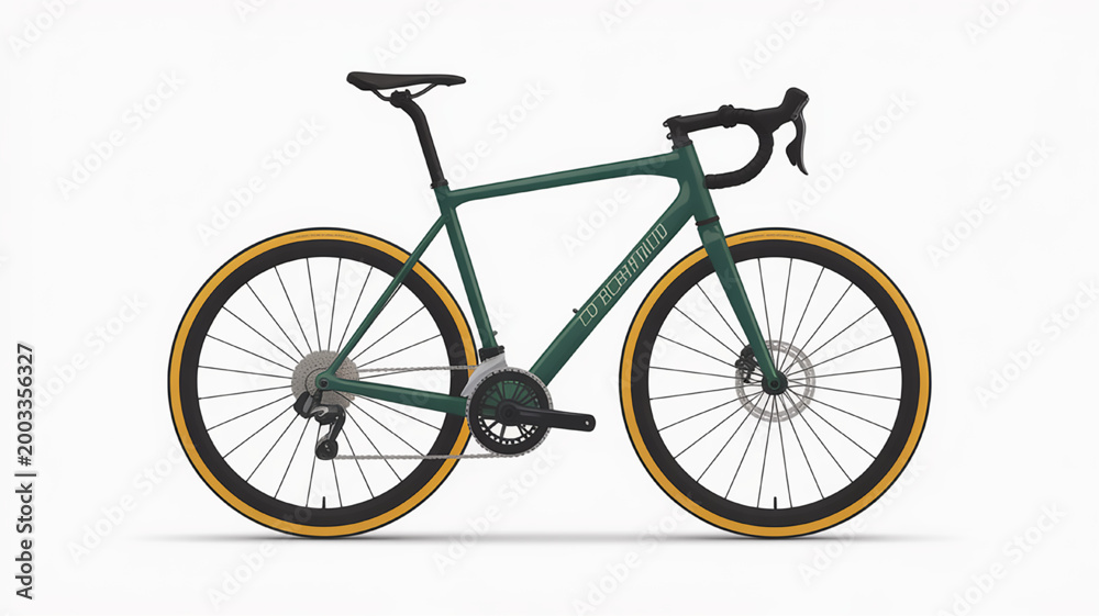 Fototapeta premium Modern dark green road bike with tan tires minimalist design for cycling enthusiasts isolated on a clean white background