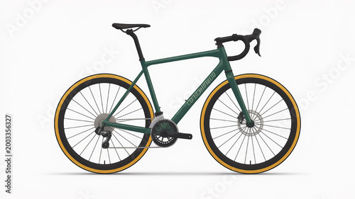 Modern dark green road bike with tan tires minimalist design for cycling enthusiasts isolated on a clean white background