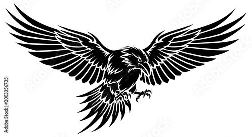 Black raven spreading wings isolated