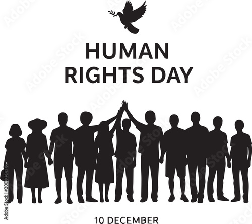 Human Rights Day Poster with People Silhouettes Holding Hands and Peace Dove, December 10th