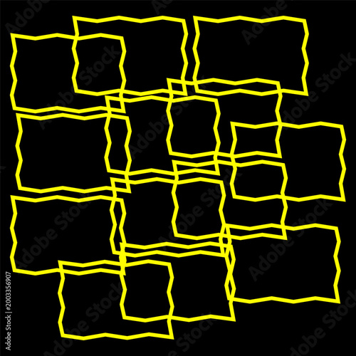 Geometrical frame Vector. Sophisticated yellow set. Distorted square pattern. Solid black background art.