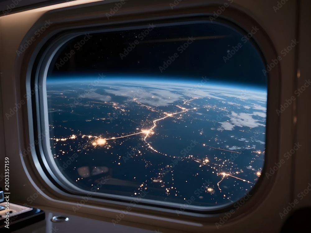 Naklejka premium View of Earth City Lights from Luxury Spacecraft Window at Night
