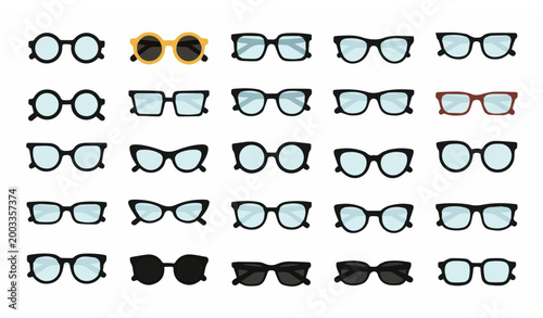 Eyeglasses and Sunglasses Styles Icons Set with Various Frames and Lenses