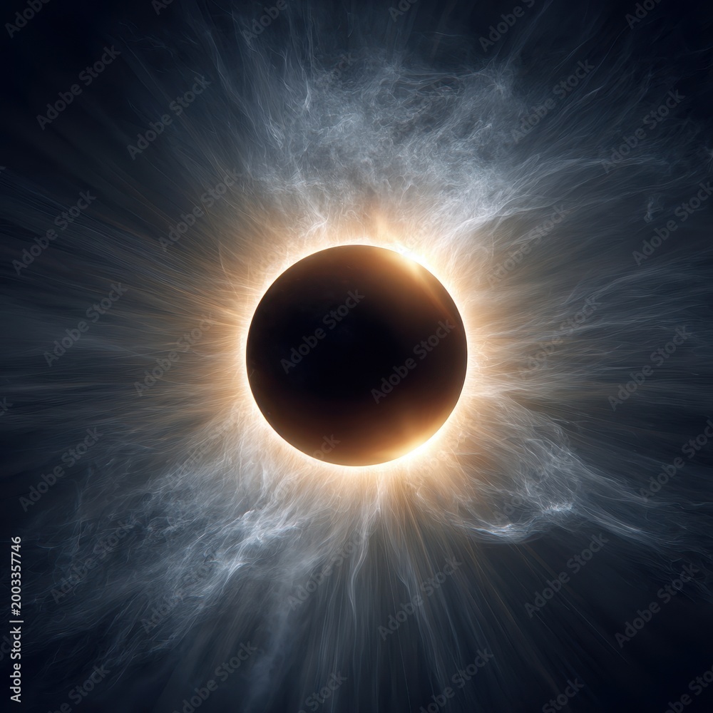 Obraz premium Dramatic Solar Eclipse with Glowing Corona and Wispy Light in Dark Space