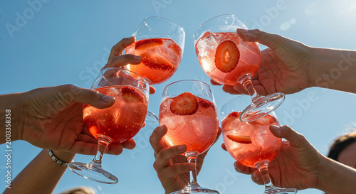 Group of friends toasting with tall glasses of pink strawberry rose cocktail on ice, seen from below against a bright blue sunny sky in a joyful summer celebration.