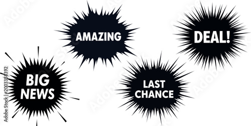 Four black splatter style banners with white text amazing deal big news last chance
