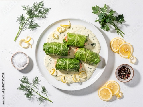 Cabbage rolls with salmon. Delicate, green cabbage rolls arranged in a lemon-dill sauce. Light, pastel arrangement, white background, fresh herbs beside. Flatlay photo (from above).