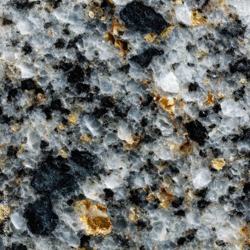 Detailed grey granite texture background with black and golden mineral inclusions, natural stone surface